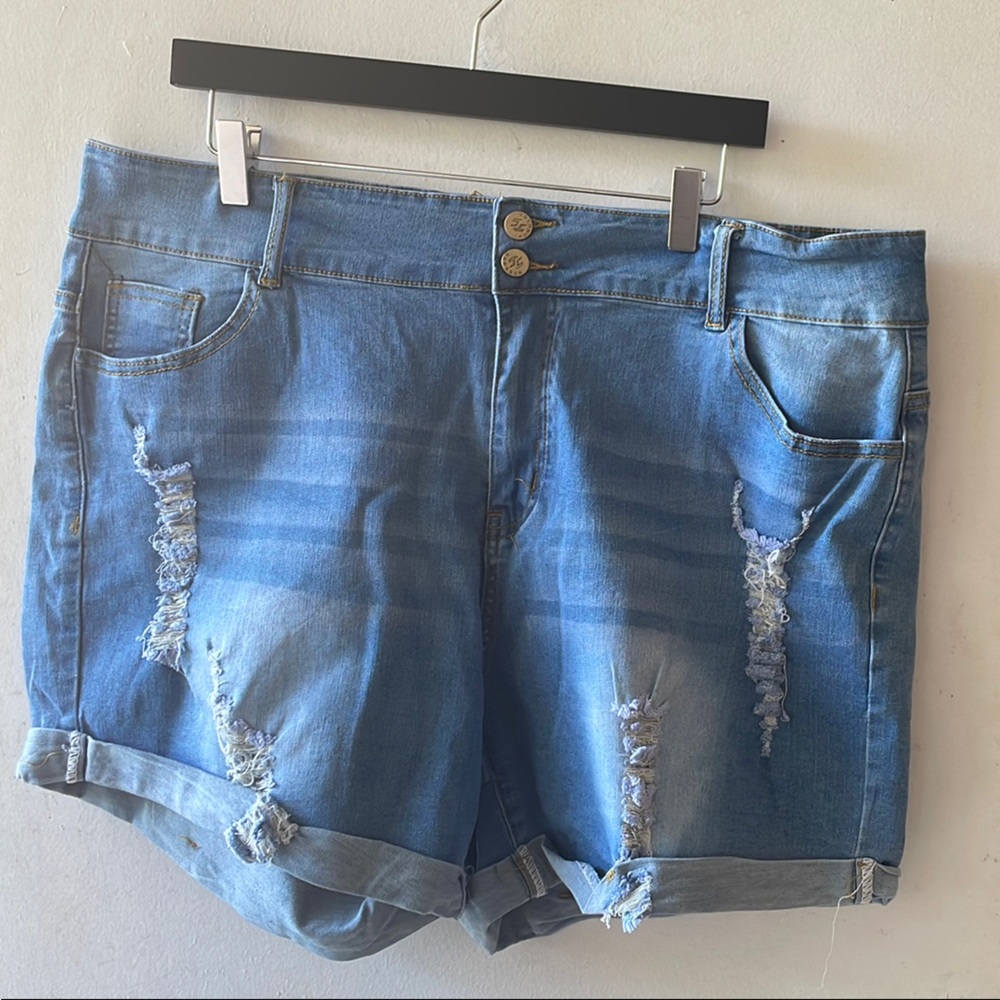 Blue Distressed Jean Shorts with Cuffed Hem PLUS SIZE 24